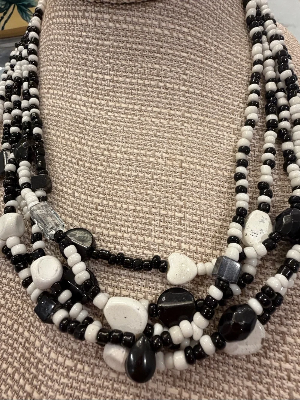 Multi-Strand Black and White Beaded Necklace and Earring Set